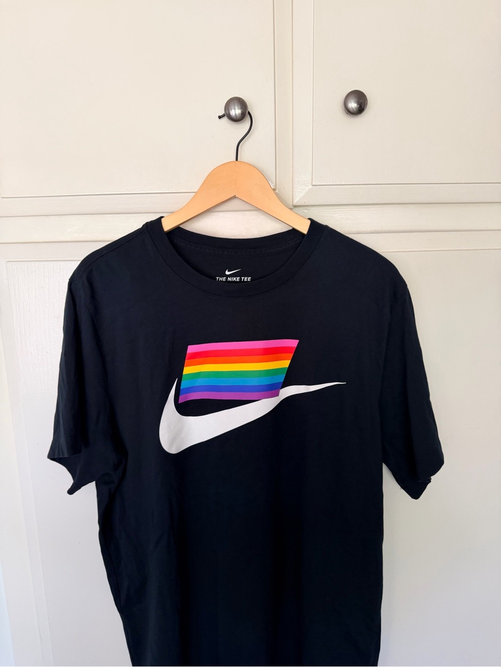 Nike Black Tee with White Swoosh and Rainbow Flag Graphic